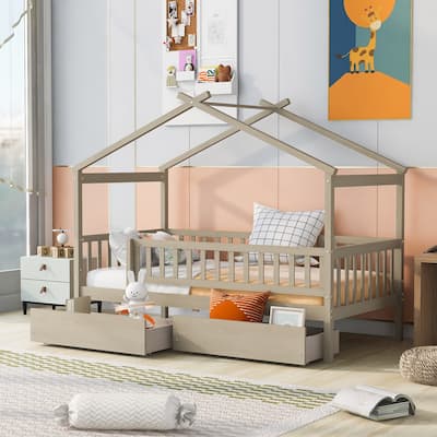 Twin Size Wooden House Bed with Two Drawers