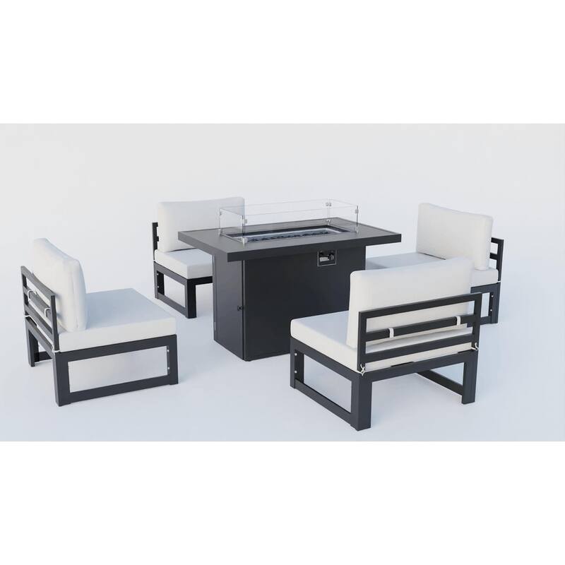 LeisureMod Chelsea 5-Piece Outdoor Patio Chairs and Fire Pit Table Set