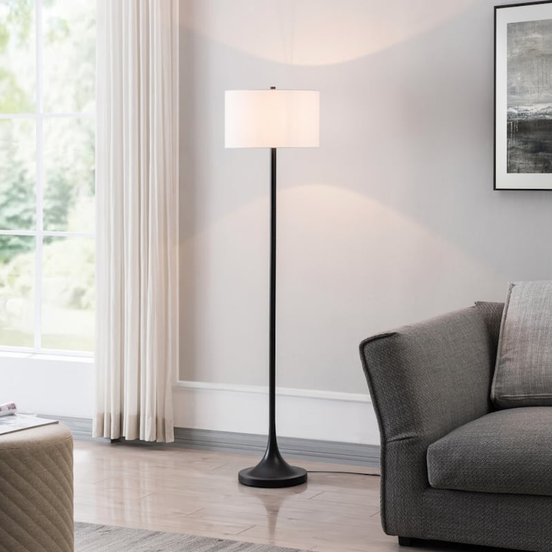62" Traditional Floor Lamp for Living Room or Bedrom with Metal Base with White Fabric Drum Shade - 62" H x 15" W x 15" D