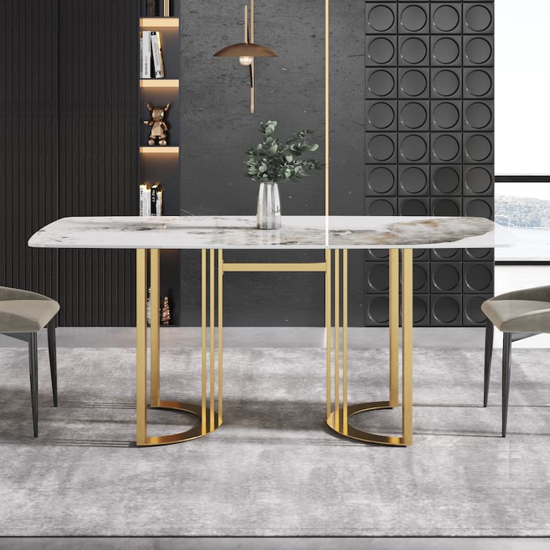 Modern Dining Table, White Sintered Stone Tabletop Rectangular Dining Table with Carbon Steel Base - N/A