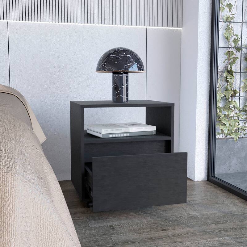 20-Inch Black Nightstand with One Drawer, Open Shelf, and Casters