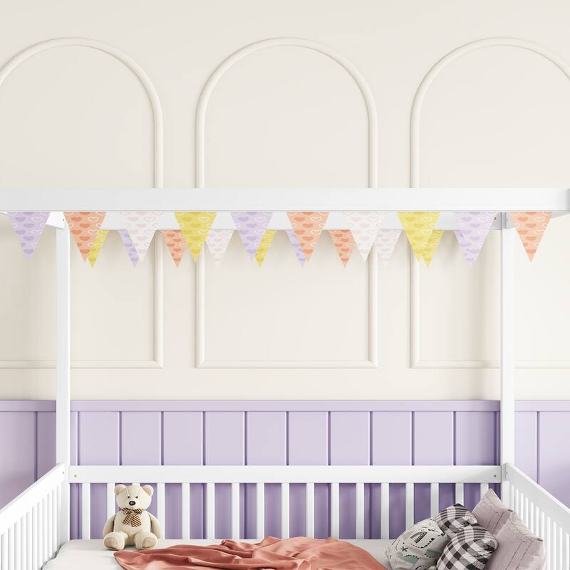 Full Size Canopy Frame Floor Bed with Fence and Guardrails in White