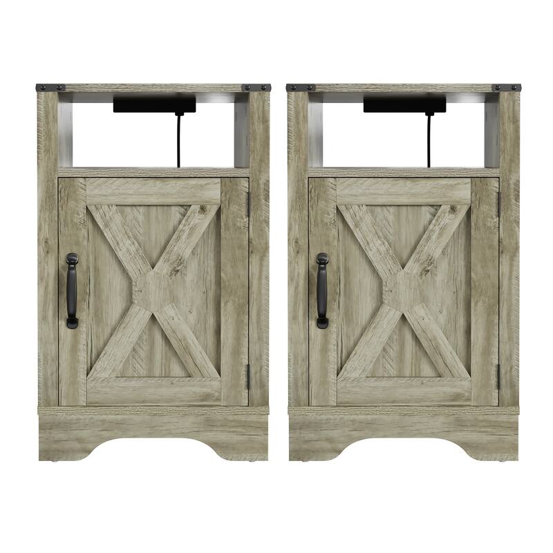 Rustic Wooden Nightstand with Charging Station, 2 Sets, Light Gray