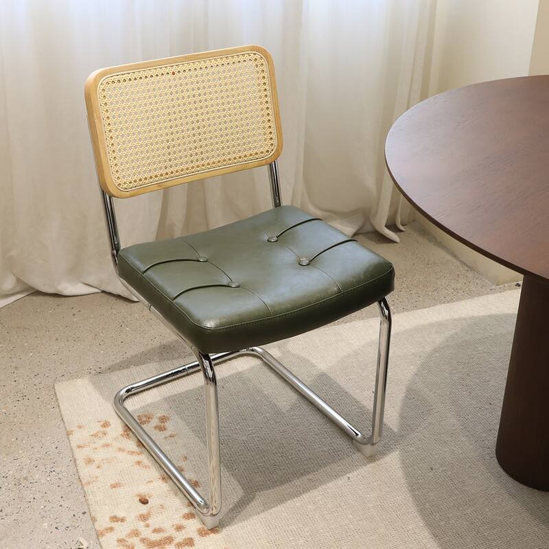 PU Upholstered Dining Chairs Set of 2, with Chrome Legs and Rattan Back