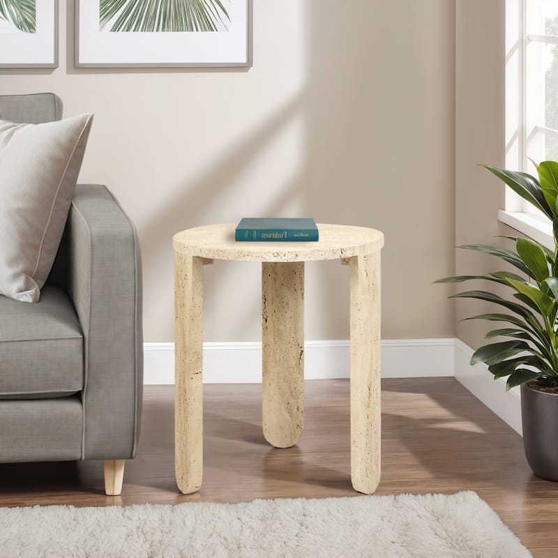 Stone Marble Accent Table Decorative Round Casual Style - 22" Ivory - 18" x 18" x 22" - Tile - 18" x 18" x 22" - Ivory/ Tan