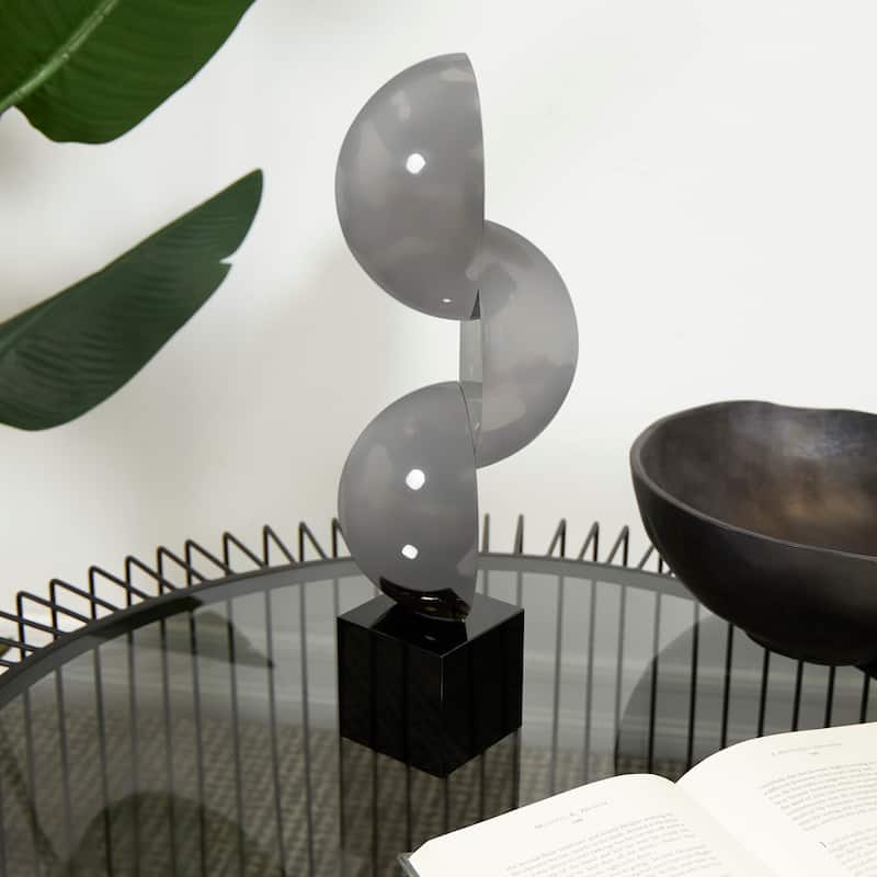 Dark Gray Crystal Quartered Stacked Orbs Geometric Decorative Sculpture with Square Black Base