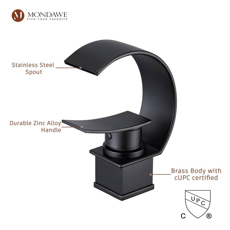 Mondawe Luxury C-Shape Arc Waterfall Spout Single Handle 8 inch Widespread Bathroom Sink Faucet With Pop-up Drain in Matte Black