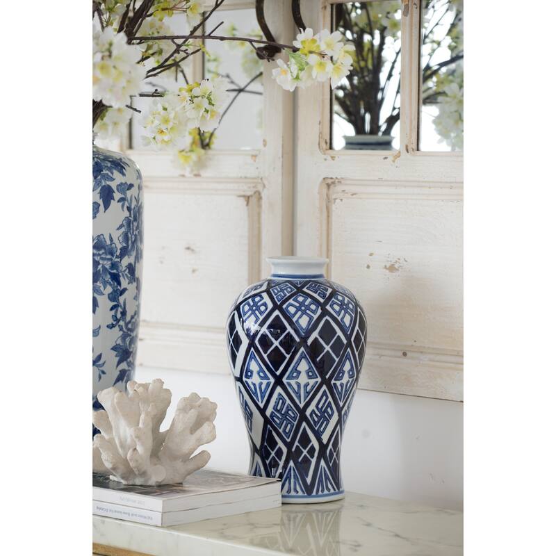 D7.8x12.8 Blue and White Porcelain Vase with Geometric Diamond Pattern Tribal Design - White+Blue