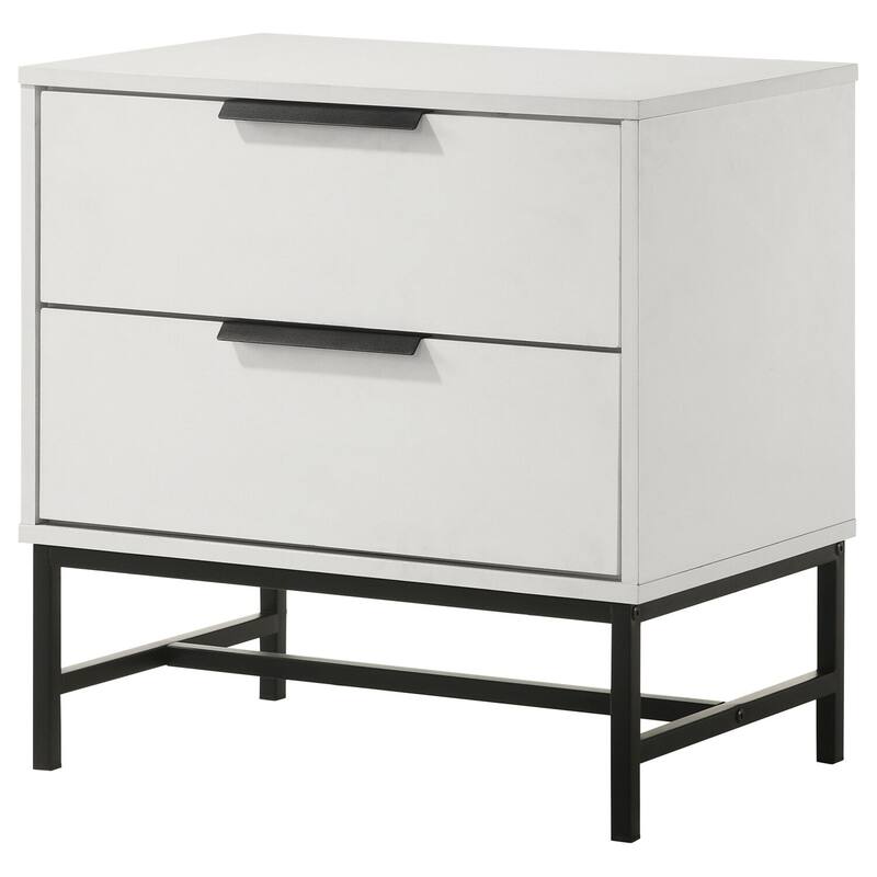 White 2-Drawer Nightstand with Black Base, Bar Pulls and Wide Top for Sleek Minimalist Contemporary Bedside