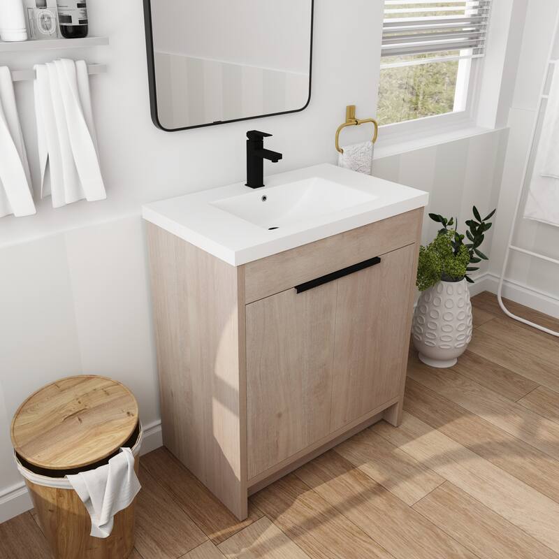 Freestanding Plywood Bathroom Vanity Set in Plain Light Oak with Integrated Sink