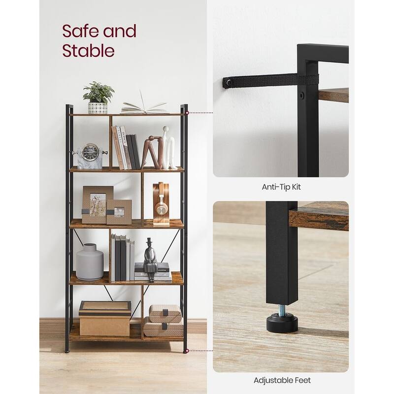 5 Tier Shelving Unit with Open Compartments for Office, Living Room, Bedroom, Industrial Style - 29.1" x 11.8" x 59.1"