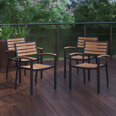Set of 4 Stackable All-Weather Aluminum Patio Chairs with Faux Teak Slats