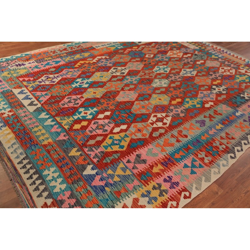 Geometric Kilim Oriental Area Rug Hand-Woven Living Room Wool Carpet - 8'3"x 11'2"