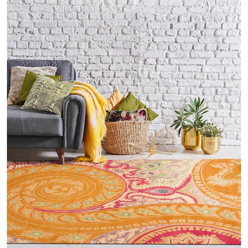 Hand-tufted Wool Orange Transitional Floral Paisley Rug - 8' x 10' - Orange