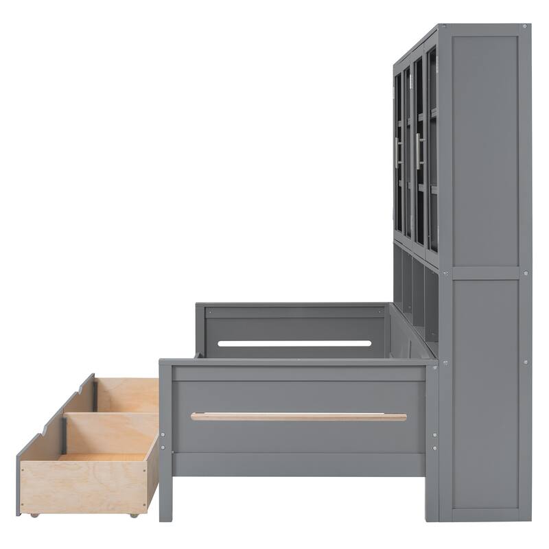 Twin Size Wooden Daybed with Glass-Door Storage, LED Lighting, and Shelves, Gray