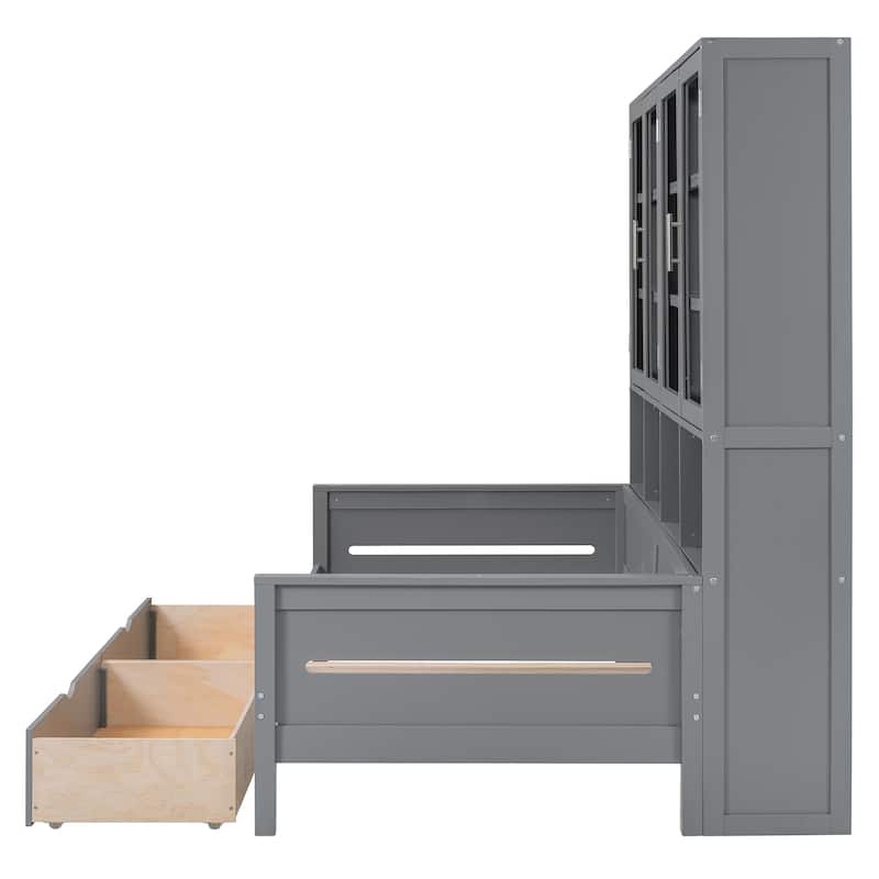 Twin Size Wooden Daybed with LED Glass-Door Cabinet & Shelves - 400LB Capacity