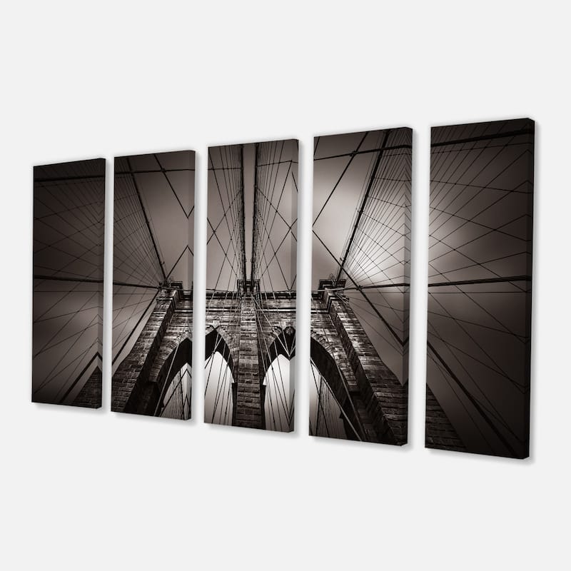 Designart "Brooklyn Bridge in NYC USA" Extra Large Cityscape Wall Art on Canvas - 60 in. wide x 28 in. high - 5 Equal Panels