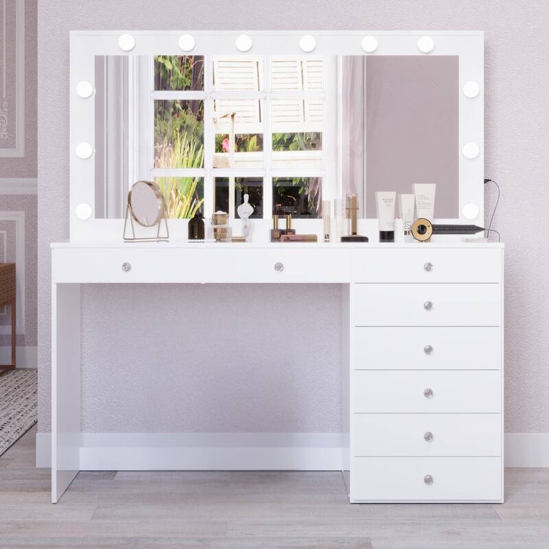 Hollywood Large Makeup Vanity Desk with 12 Light Bulbs; Modern Dressing Table with Multiple Storage Drawers & Crystal Knobs