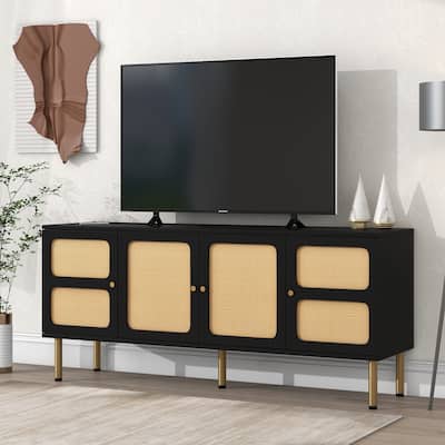 Boho Country Style Wood Rattan TV Stand Media Console Storage Cabinet - 16.90 x 64.90 x 28.30