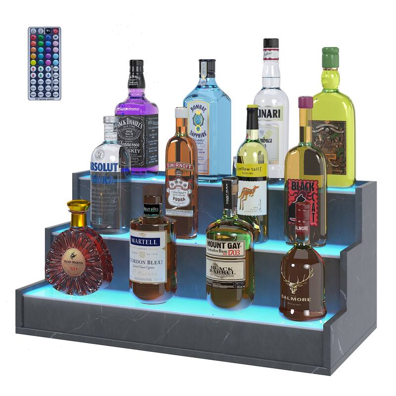 EROMMY LED Lighted Wine & Liquor Display Shelf with Remote, 3-Tier Tabletop Bar Rack, USB Powered