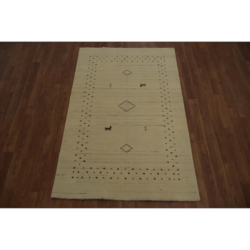 Hand Knotted Oriental 100% Wool Carpet Tribal Animal Pictorial Beige & Ivories Gabbeh Area Rug - 5' 2'' X 3' 3''