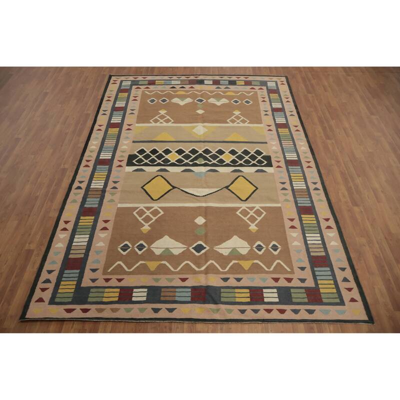 Hand Woven Oriental 100% Wool Carpet Southwestern Tribal Brown Kilim Area Rug - 11' 10'' X 8' 2''