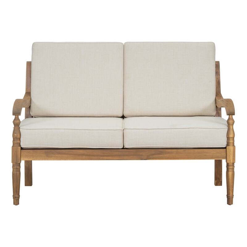 Roomfitters Outdoor Acacia Wood Loveseat Bench with Waterproof Cushions, Lattice Back Patio Sofa, Natural and Beige