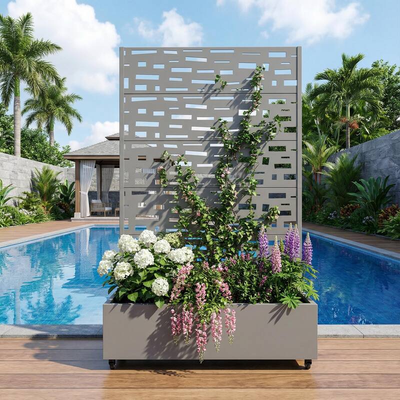 Raised Garden Bed Planter with Trellis Movable Planter Box with Lockable Wheels - 72*47 - Grey