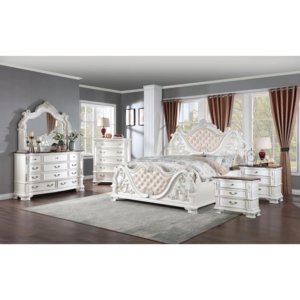 Furniture of America Wrea Traditional 6-Piece White Faux Leather Button Tufted Panel Bedroom Set