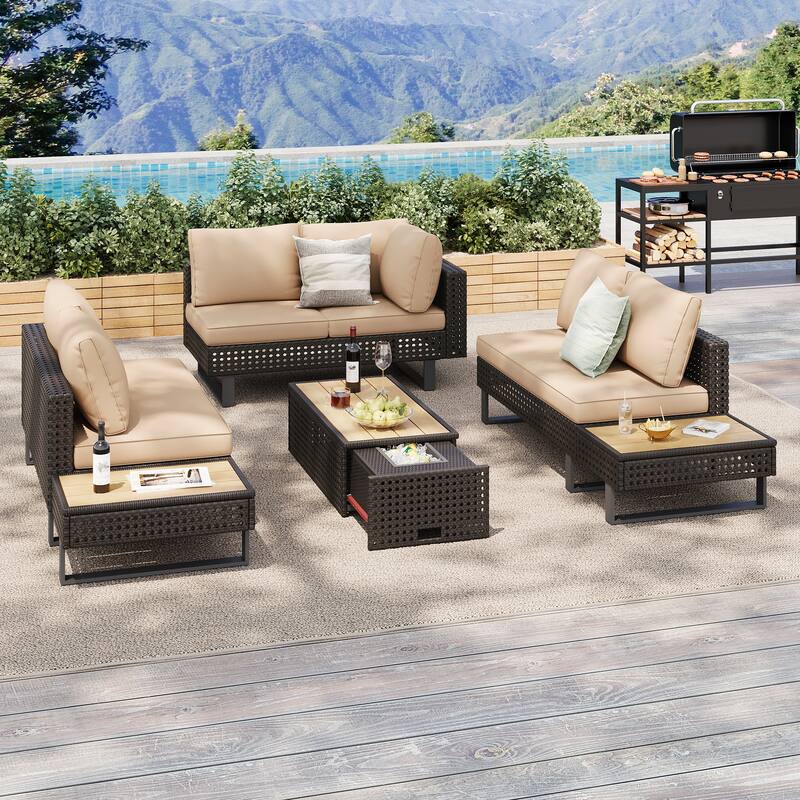 Outdoor 6-Piece Rattan Sectional Sofa Set with Adjustable Seat & Ice Bucket Table
