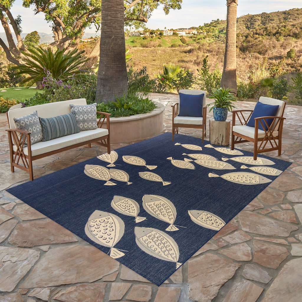 Gertmenian Paseo Loutro Navy Casual Nautical Fish Indoor/ Outdoor Area Rug