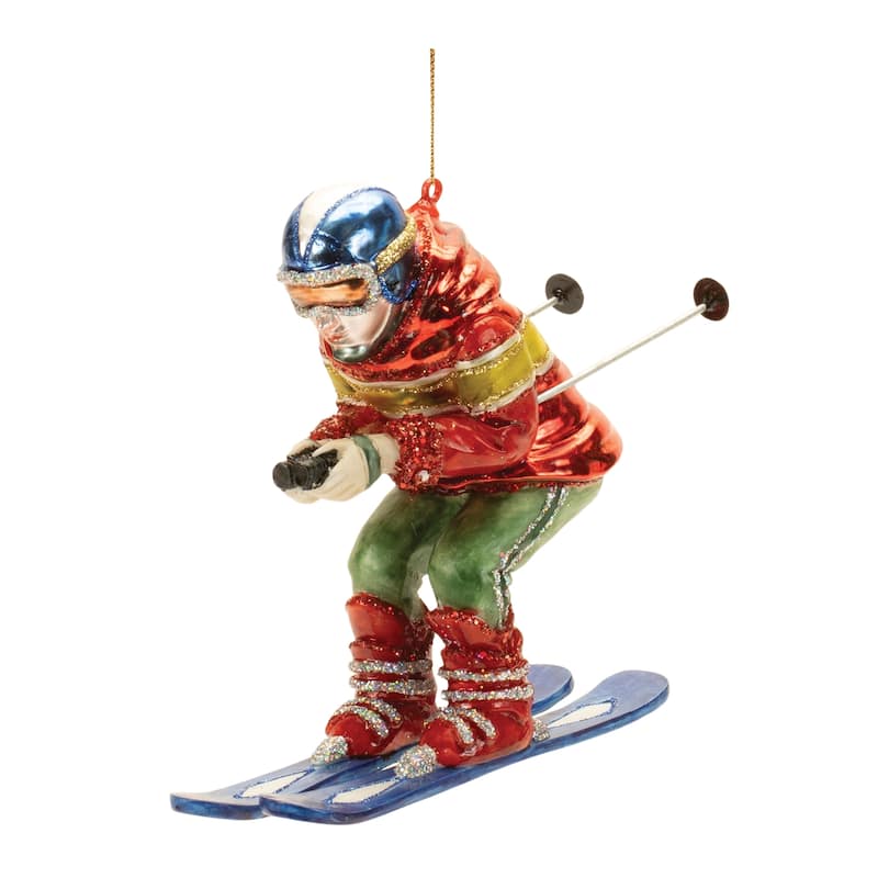 Glass Skiing Ornaments Set of 6 for Holiday or Cabin Display - 5.75” x 2” x 5.25” - Blue/Red