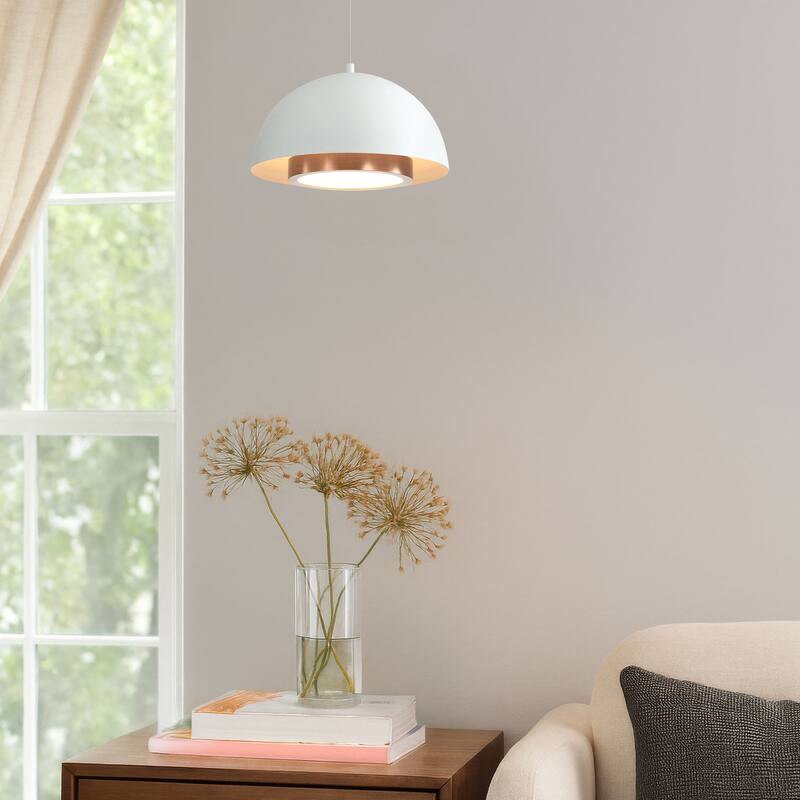 Solsken 7" LED Pendant in Sand White with Aged Copper