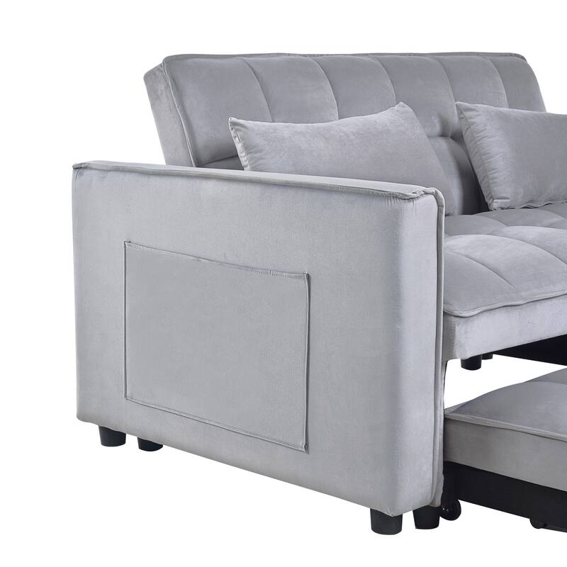 Anmytek Convertible Sleeper Sofa Bed Pull Out Couch Velvet Loveseat Futon with Pillows and Pockets for Living Room Grey