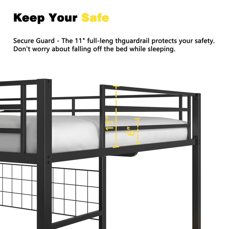 Full Over Twin Bunk Bed with Desk and Charging Station and Shelves and Metal Wire Mesh Panel with Hooks,Safety Guard & Stairs