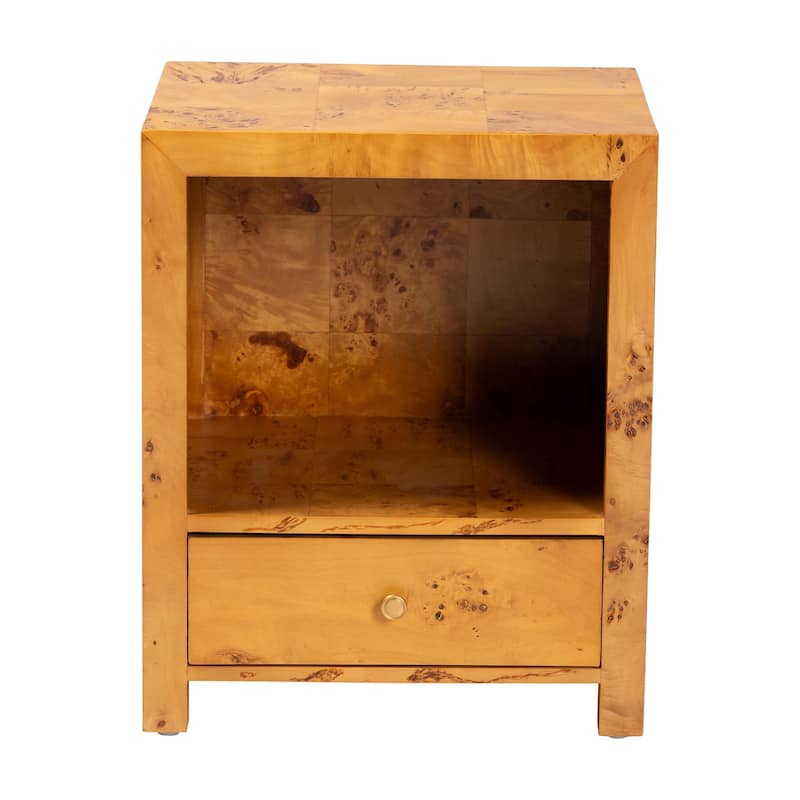 Camira Modern and Contemporary Natural Light Mappa Real Burl Wood 1-Drawer Nightstand
