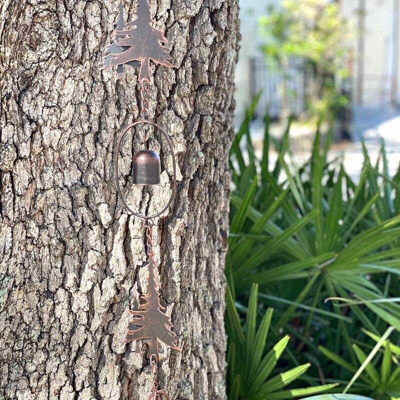 70" Metal Rain Chain - Forest Trees & Zen Bells, Aged Bronze, 3.25" - 3.25 X 70 X 0.25 inches