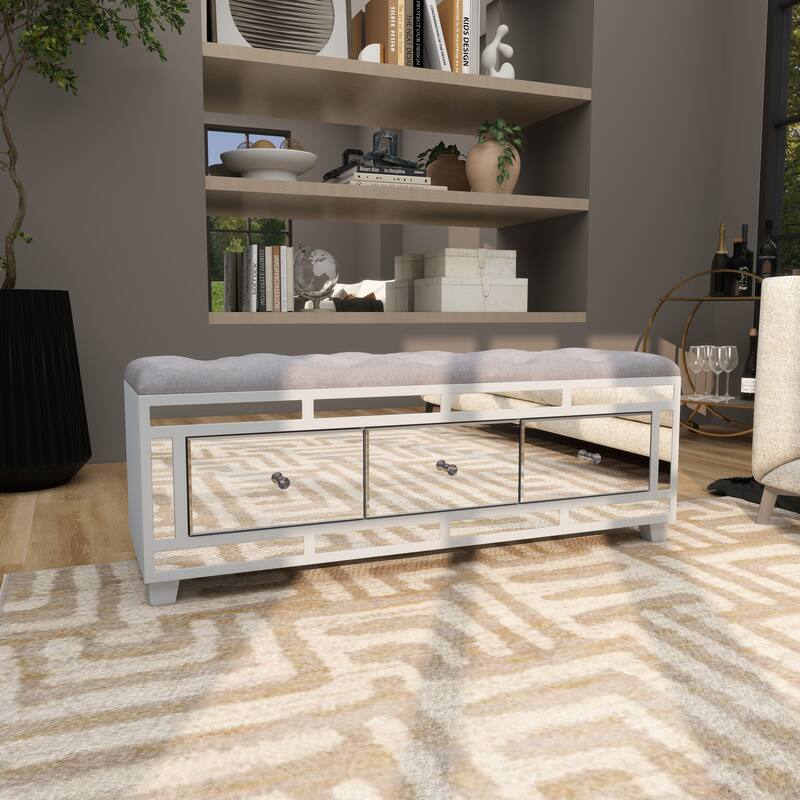 Gray Velvet Mirrored 3 Drawer Room Storage Bench with Upholstered Seat