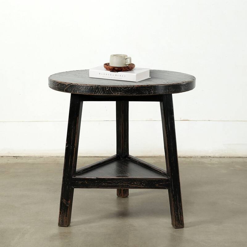 25 Inches Round Side Table with Shelf Distressed Black