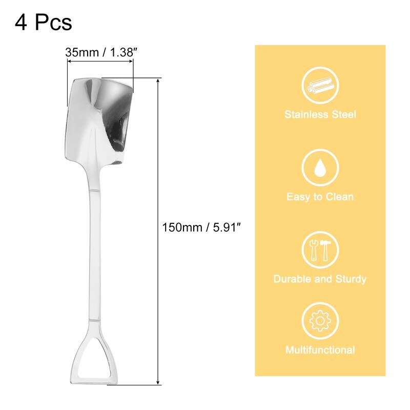 4Pcs 6" Mini Shovel Spoon Stainless Steel Coffee Spoon Dessert Spoons - Silver