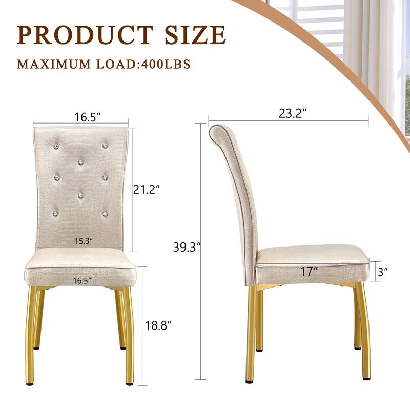 A set of 2 vintage crocodile leather cushioned dining chairs, featuring crystal clasp design and artificial leather design