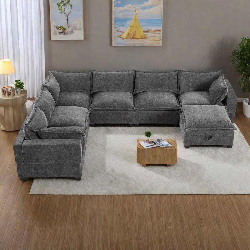117.5" Chenille U-Shaped Modular Sectional Sofa with Movable Storage Ottoman, and 7-Seater Oversized Cloud Couch - Gray