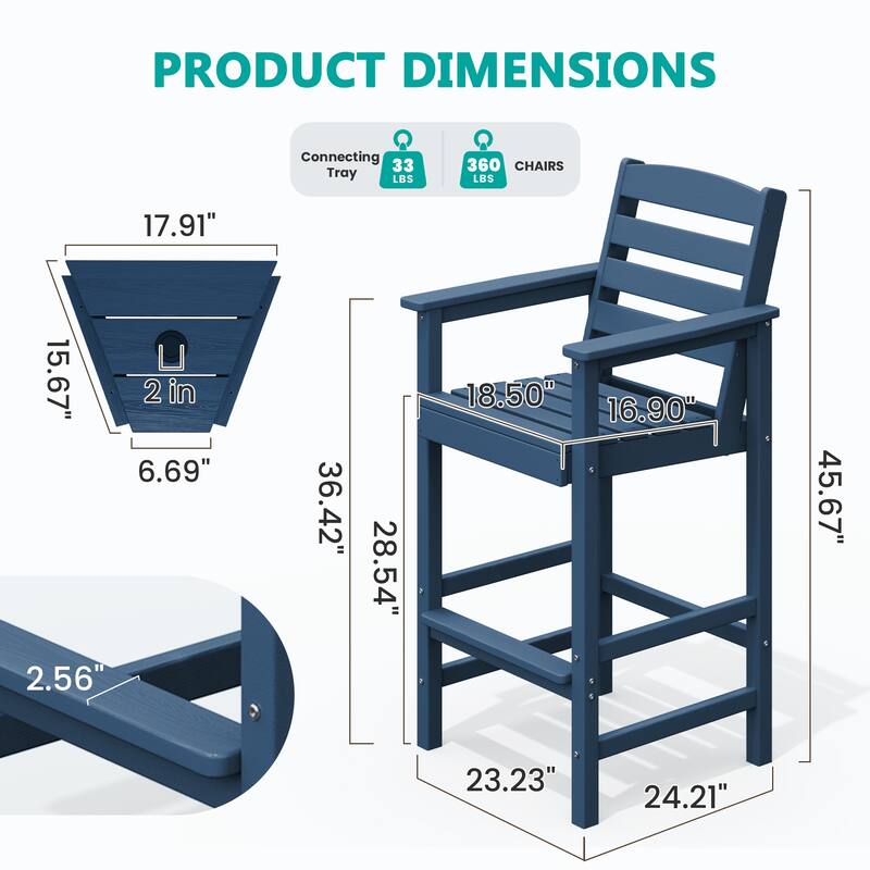 HDPE 2-Piece High Bar Stool Set with Umbrella-Compatible Connecting Panel