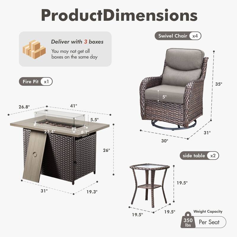 Meyreso 7-Piece Outdoor Patio Wicker Fire Pit 4 person Conversation Set with 5-Inch Thick Cushions