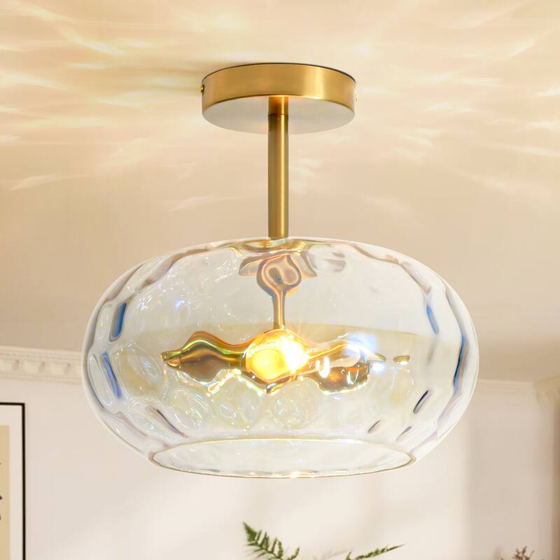 11.8" 2-Light Luxury Gold Semi-Flush Mount Ceiling Light with Hammered Glass Shade for Hallway, Bedroom