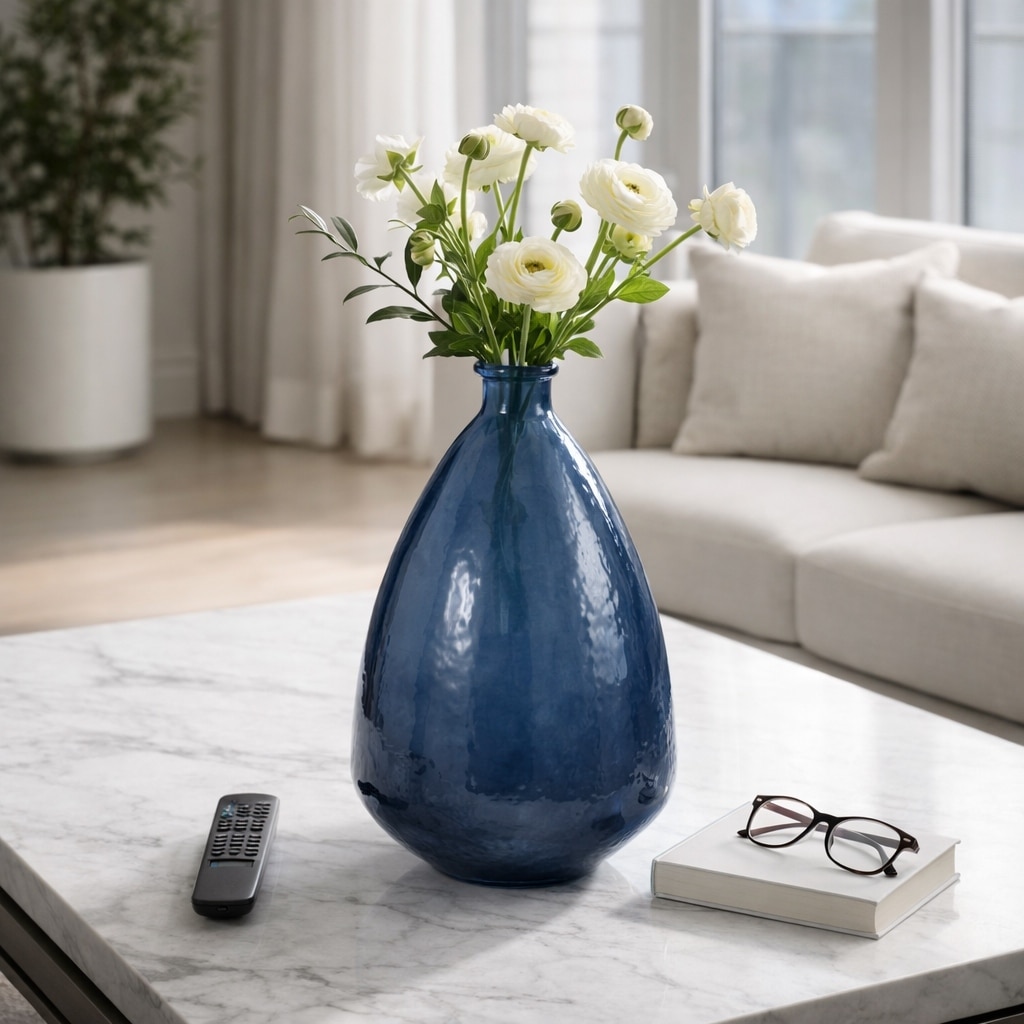 Decorative Vase - Blue Glass Round with Curved Base, 19 in.