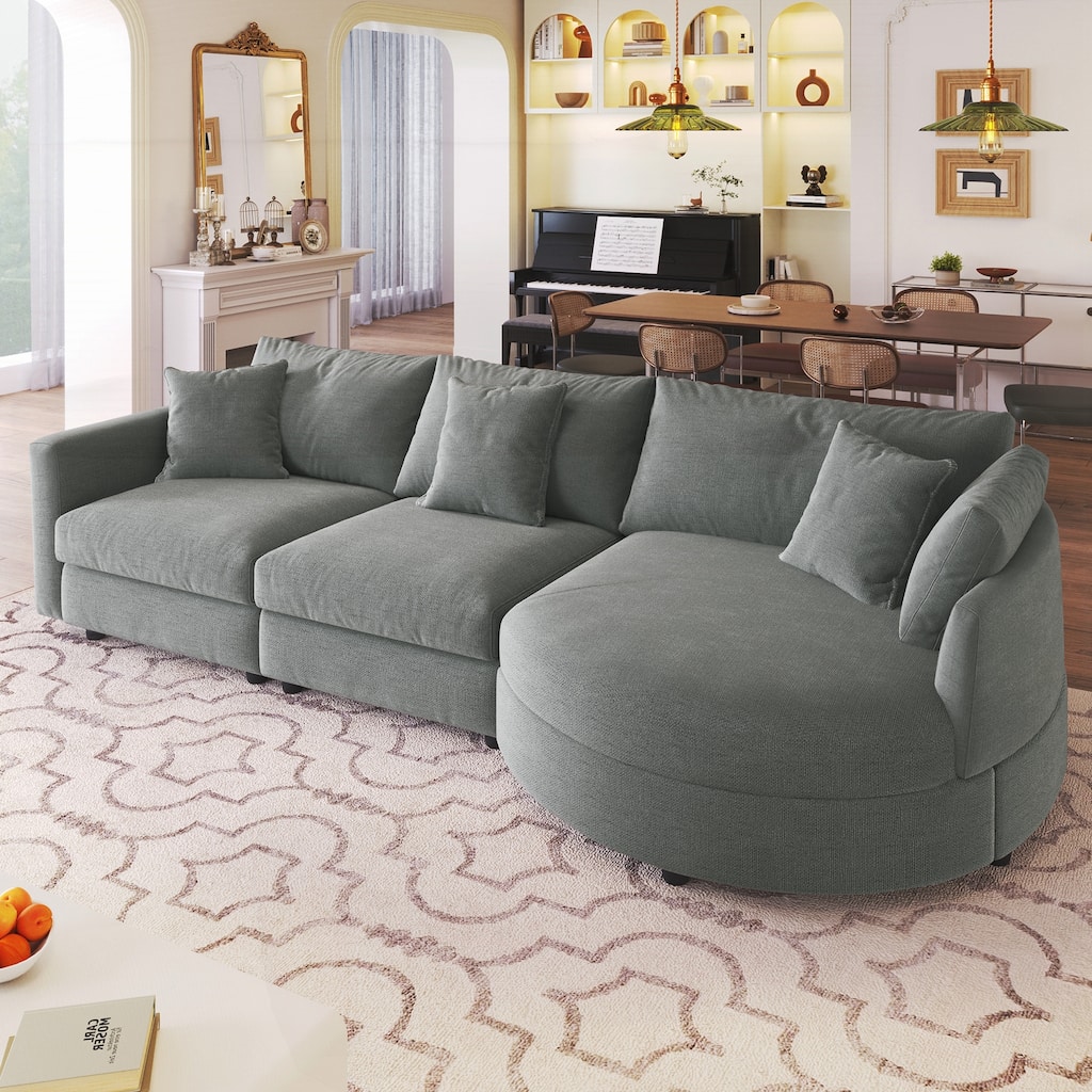 3-Piece Sectional Sofa with Curved Chaise and 3 Throw Pillows - Perfect for Living Rooms, Offices