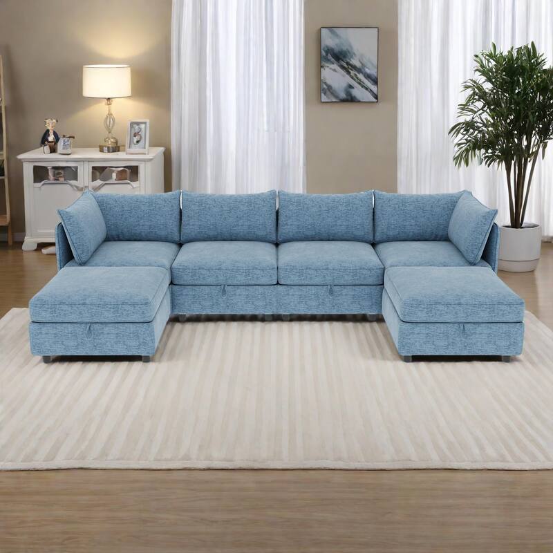 93.5" Chenille Modular Sectional Sofa with Storage and Convertible Design, 6-Seater - Antique Blue