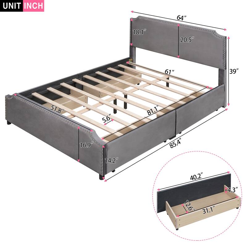 Upholstered Platform Bed Queen Size Velvet Fabric Storage Bedframe with 4 Drawers, Headboard & Footboard, No Box Spring Needed