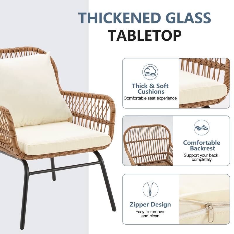3-Piece Patio Conversation Bistro Set, Outdoor Rattan Furniture Set with Glass Table & 2 Wide Armchairs, Seat Cushions